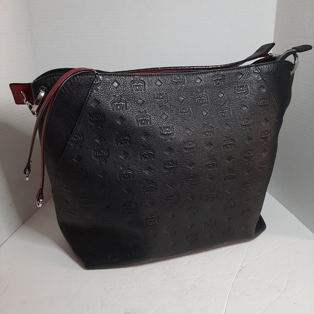 Black Embossed Crossbody Bag with Red Trim